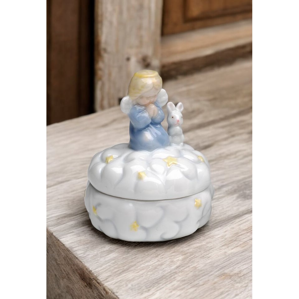 Ceramic Praying Angel with Rabbit Keepsake Box 3in Image 2