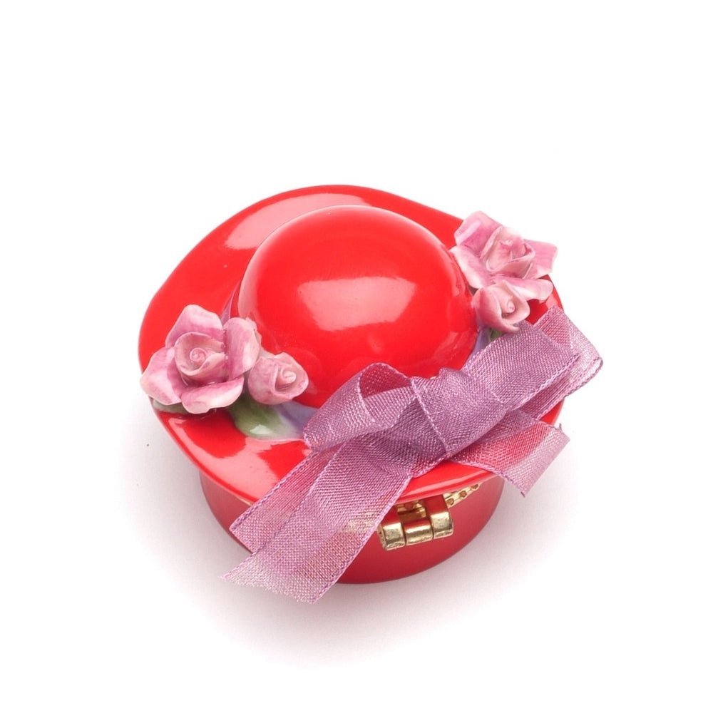 Kevins Gift Shoppe Ceramic Red Hat with Pink Rose Flowers and Bow Tie Hinge Box Image 2