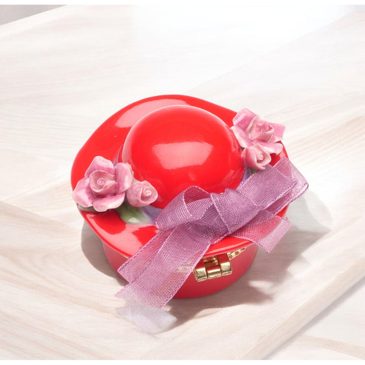 Kevins Gift Shoppe Ceramic Red Hat with Pink Rose Flowers and Bow Tie Hinge Box Image 3