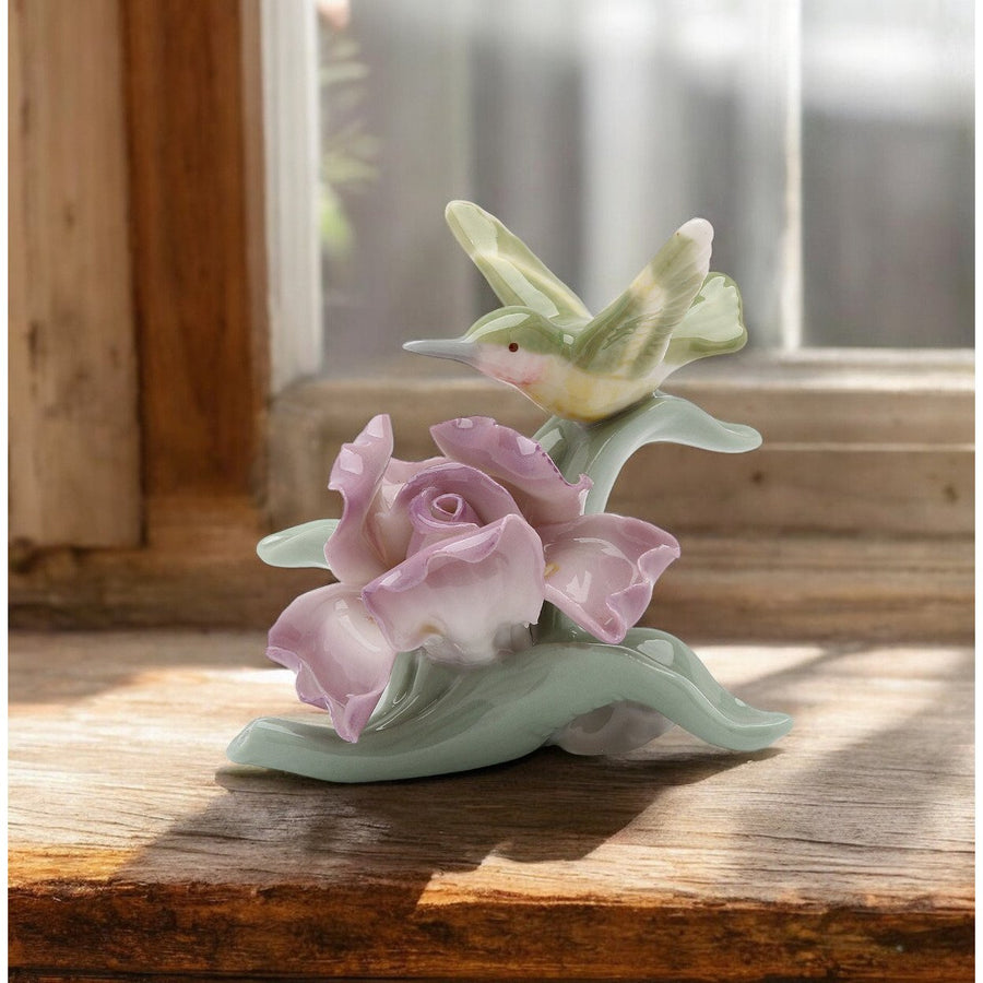 Ceramic Hummingbird Iris Flower Figurine 2.5in Mini Garden Gift Image 1