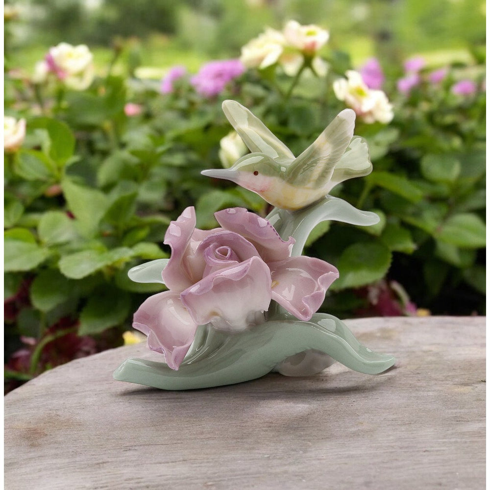 Ceramic Hummingbird Iris Flower Figurine 2.5in Mini Garden Gift Image 2