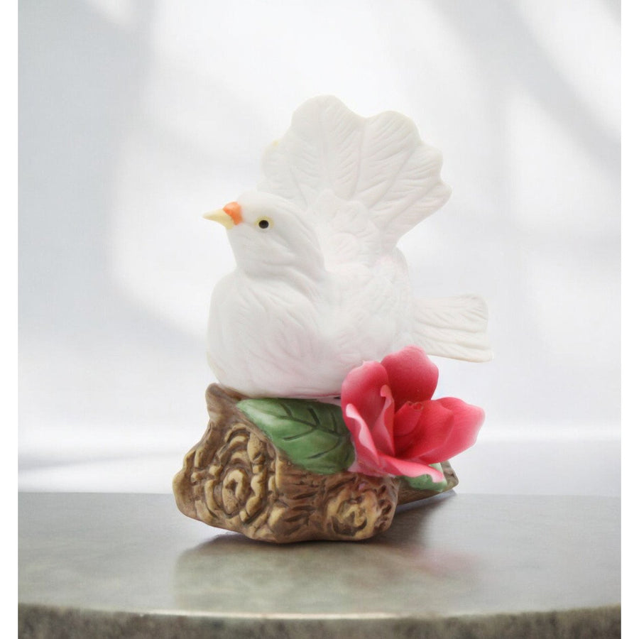 Ceramic White Dove Bird Figurine with Red Rose 3in Vintage Garden Decor Gift Image 1