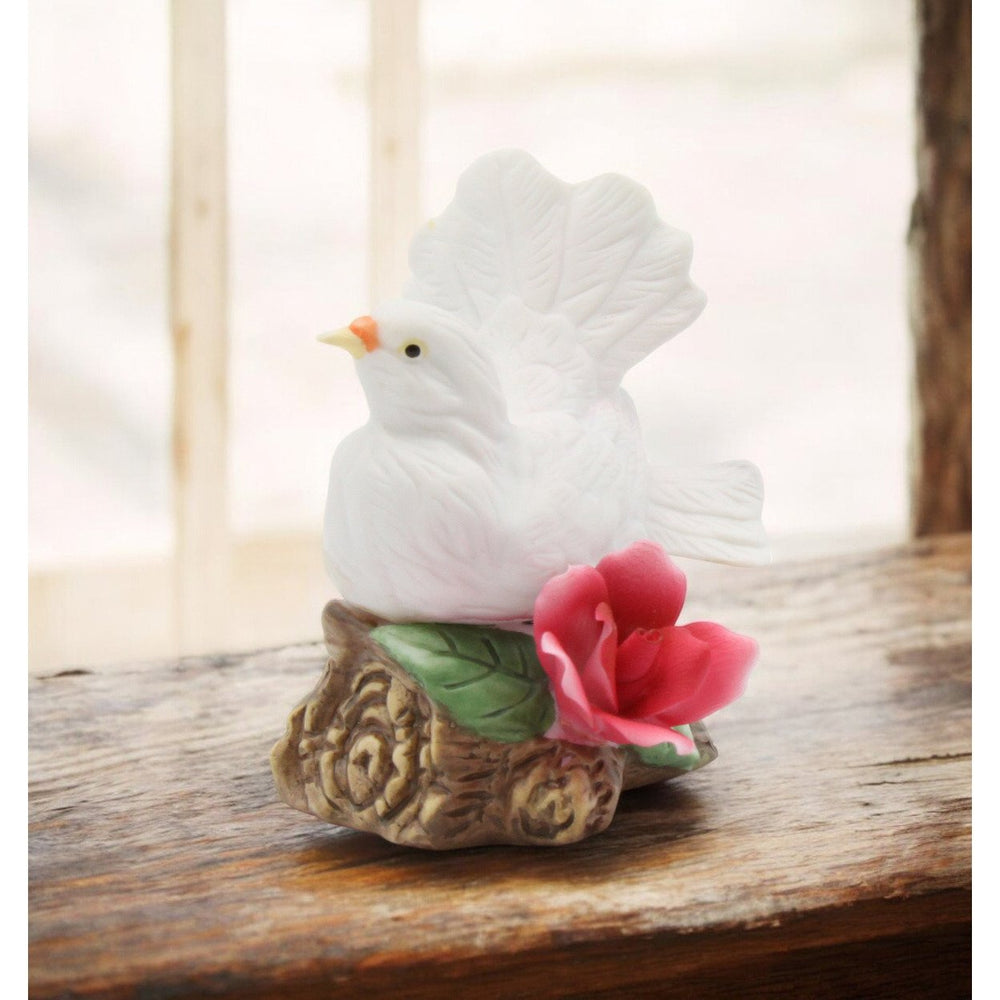 Ceramic White Dove Bird Figurine with Red Rose 3in Vintage Garden Decor Gift Image 2