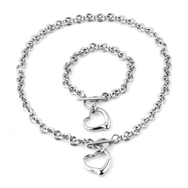 Paris Jewelry 18k White Gold Plated Heart Charm Necklace Bracelet Set Image 1