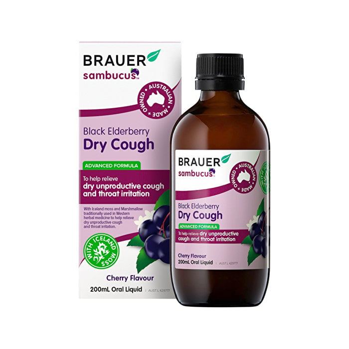 Brauer Sambucus Black Elderberry Dry Cough (Advanced Formula) Cherry Flavour Oral Liquid 200ml Image 1