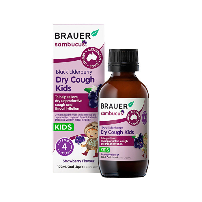 Brauer Sambucus Black Elderberry Kids Dry Cough Strawberry Flavour Oral Liquid 100ml Image 1