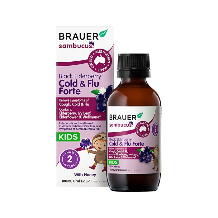 Brauer Sambucus Black Elderberry Kids Cold and Flu Forte With Honey Oral Liquid 100ml Image 1