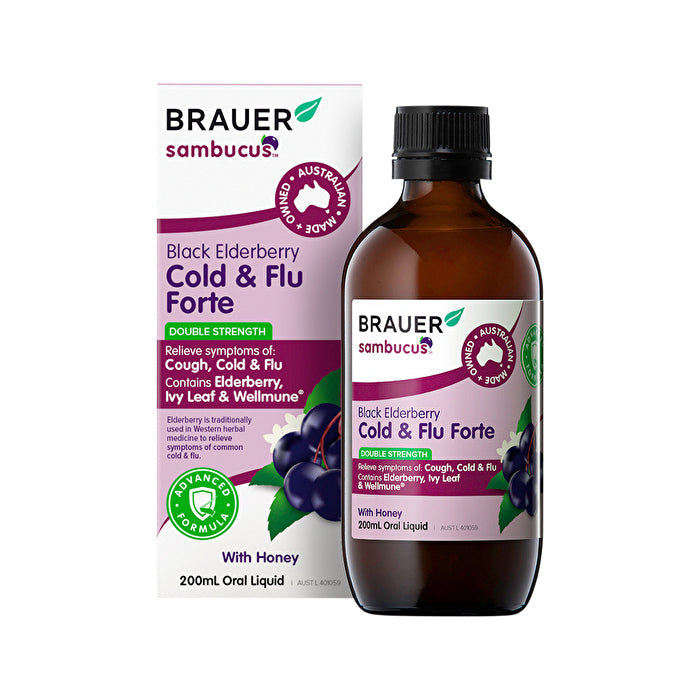 Brauer Sambucus Black Elderberry Cold and Flu Forte (Double Strength) With Honey Oral Liquid 200ml Image 1