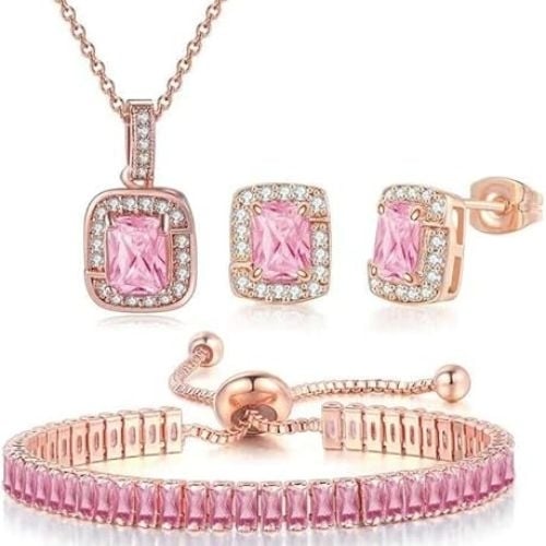 18K Rose Gold Pink Sapphire Princess Halo Pendant Necklace Earrings Bracelet Set Image 1