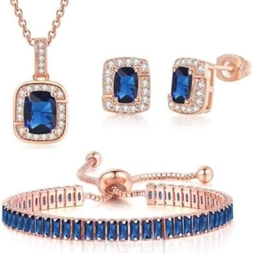 18K Rose Gold Created Blue Sapphire Halo Pendant Necklace Earrings Bracelet Set Image 1