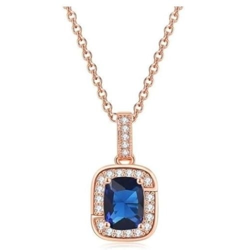 18K Rose Gold Created Blue Sapphire Halo Pendant Necklace Earrings Bracelet Set Image 2