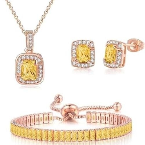 18K Rose Gold Created Citrine Halo Pendant Necklace Earrings Bracelet Jewelry Set Image 1