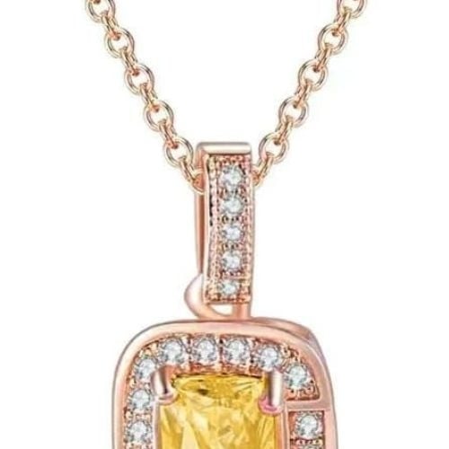 18K Rose Gold Created Citrine Halo Pendant Necklace Earrings Bracelet Jewelry Set Image 2