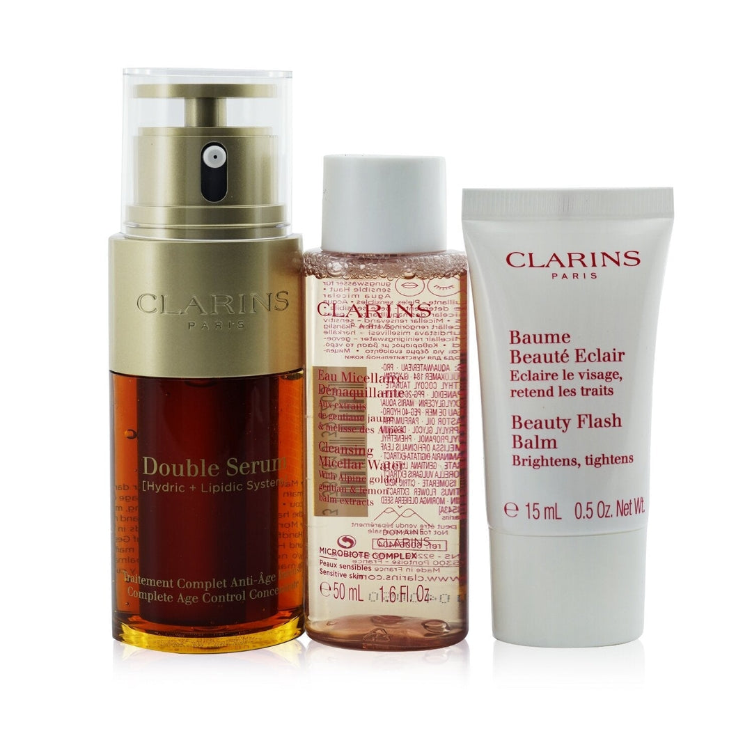 Clarins Youthful Radiance Set: Double Serum 30ml+ Cleansing Micellar Water 50ml+ Beauty Flash Balm 15ml 3pcs Image 1