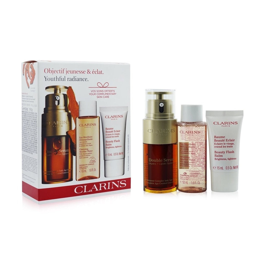 Clarins Youthful Radiance Set: Double Serum 30ml+ Cleansing Micellar Water 50ml+ Beauty Flash Balm 15ml 3pcs Image 2