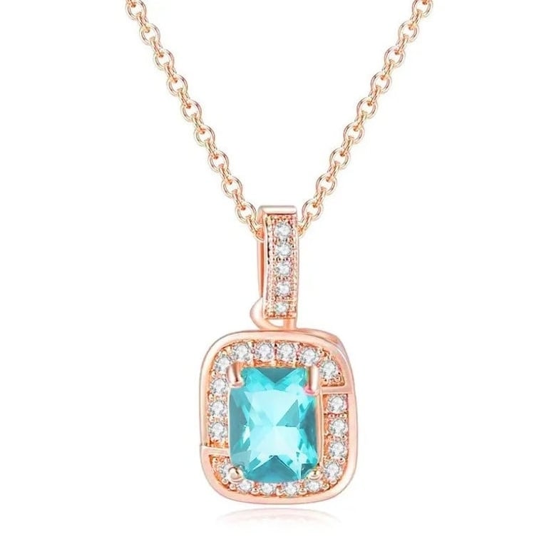 18K Rose Gold Created Blue Topaz Halo Necklace Earrings Tennis Bracelet Set Image 2