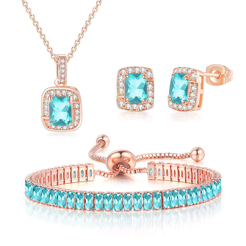 18K Rose Gold Plated Aquamarine Princess Halo Necklace Earrings Bracelet Set Image 1