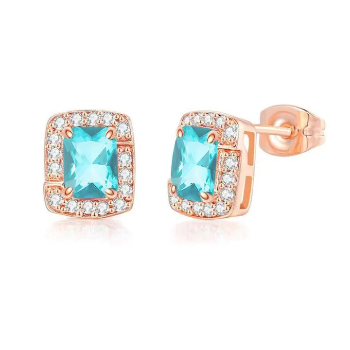 18K Rose Gold Plated Aquamarine Princess Halo Necklace Earrings Bracelet Set Image 2