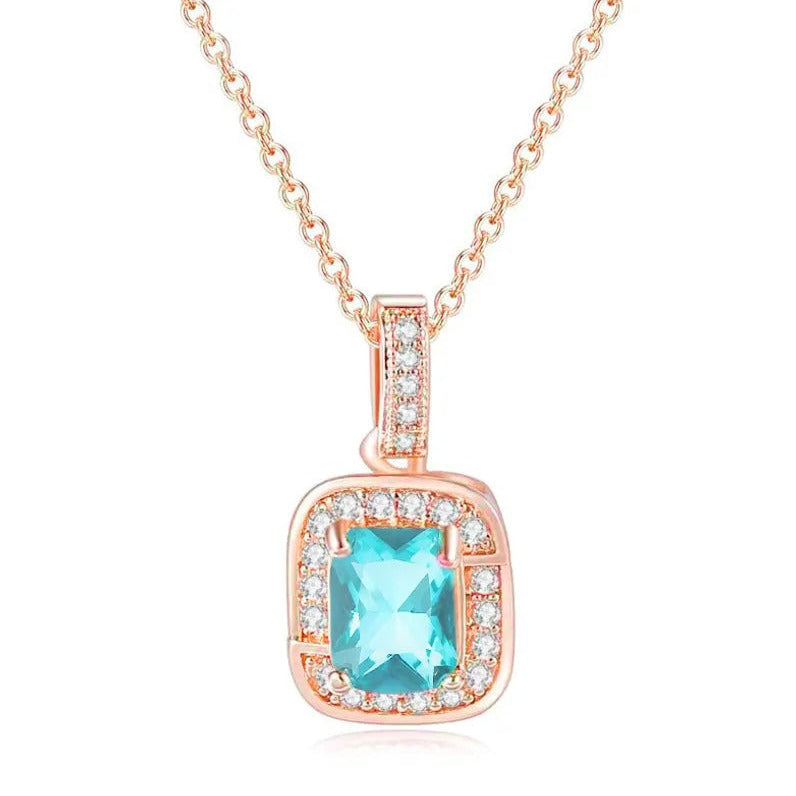 18K Rose Gold Plated Aquamarine Princess Halo Necklace Earrings Bracelet Set Image 3