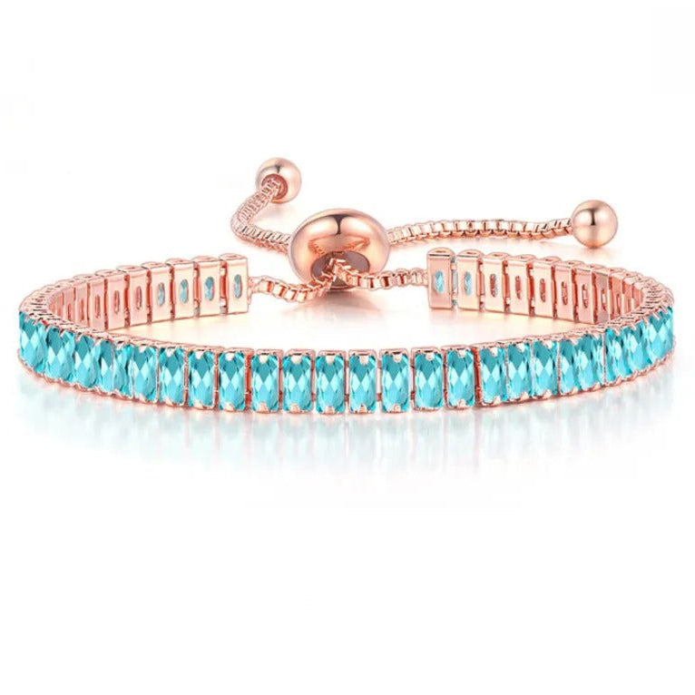 18K Rose Gold Plated Aquamarine Princess Halo Necklace Earrings Bracelet Set Image 4