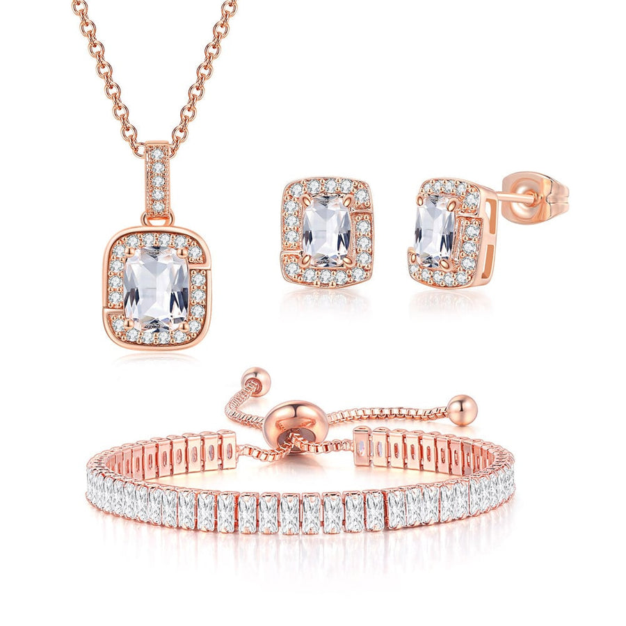 18K Rose Gold White Sapphire Halo Pendant Necklace Earrings Bracelet Jewelry Set Image 1