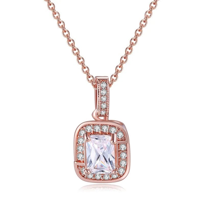 18K Rose Gold White Sapphire Halo Pendant Necklace Earrings Bracelet Jewelry Set Image 3