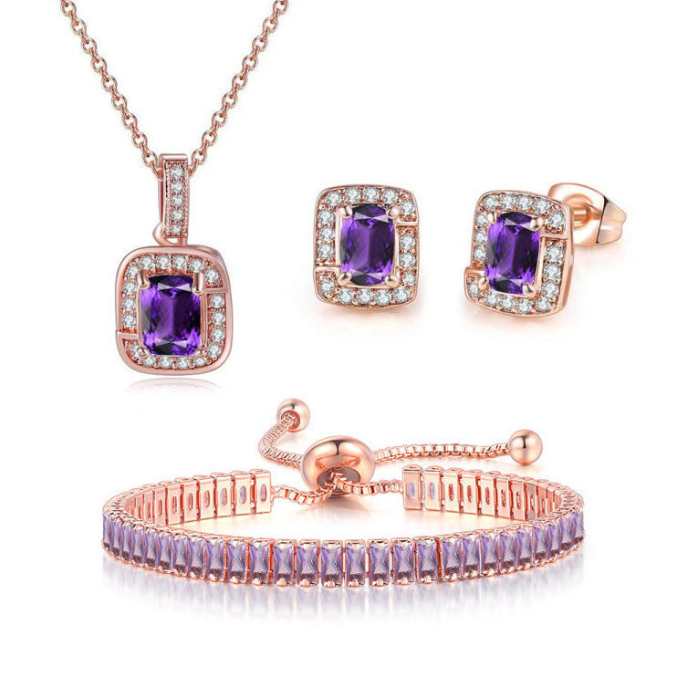 18K Rose Gold Created Amethyst Halo Pendant Necklace Earrings Bracelet Set Image 1