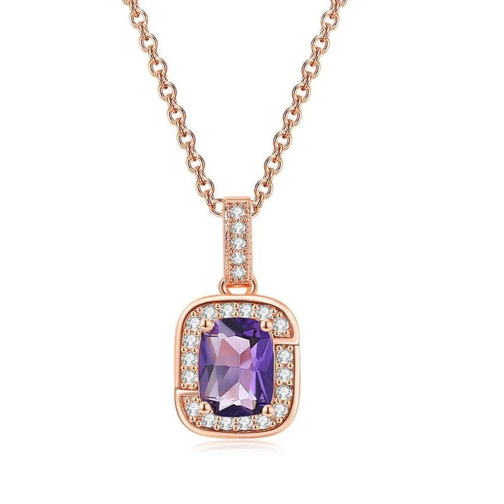 18K Rose Gold Created Amethyst Halo Pendant Necklace Earrings Bracelet Set Image 3