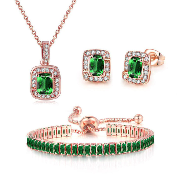 18K Rose Gold Created Emerald Halo Pendant Necklace Earrings Bracelet Set Image 1