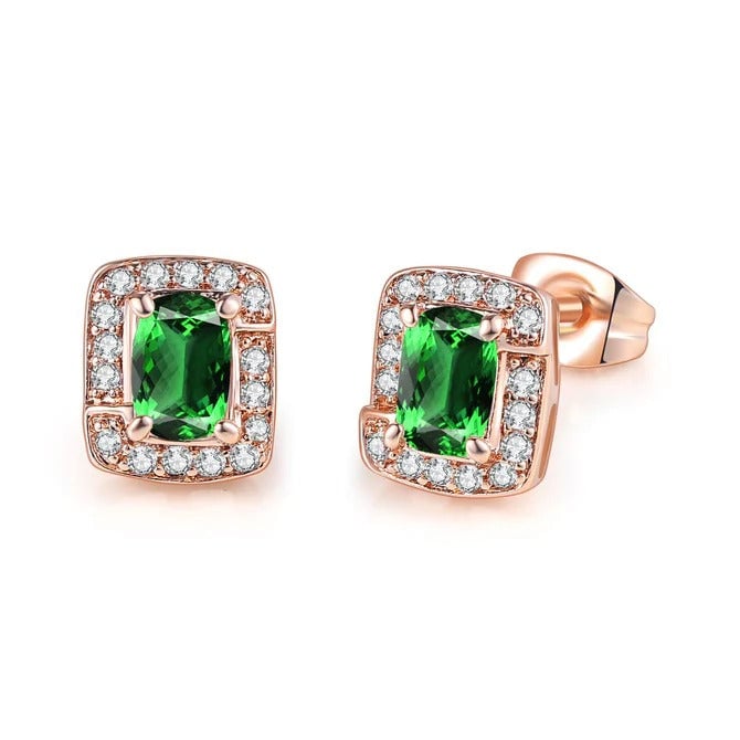 18K Rose Gold Created Emerald Halo Pendant Necklace Earrings Bracelet Set Image 2