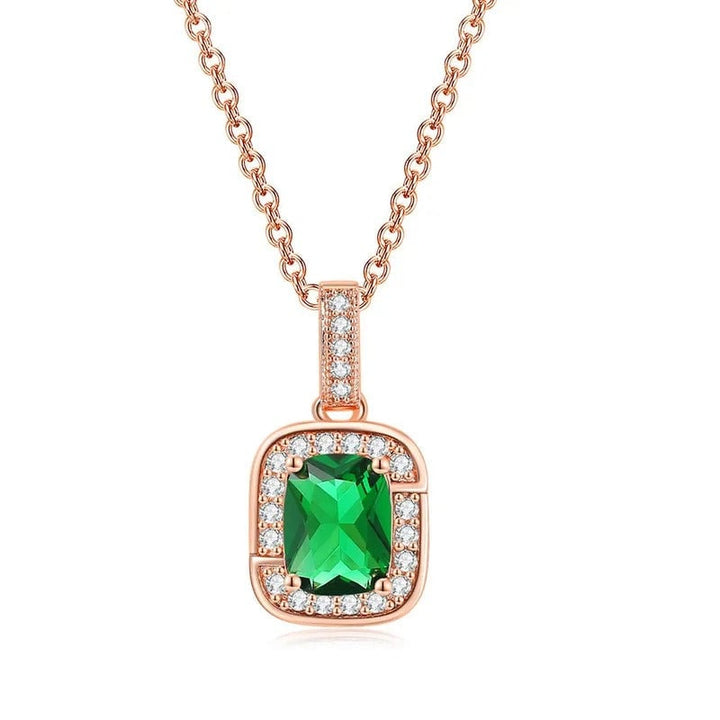 18K Rose Gold Created Emerald Halo Pendant Necklace Earrings Bracelet Set Image 3