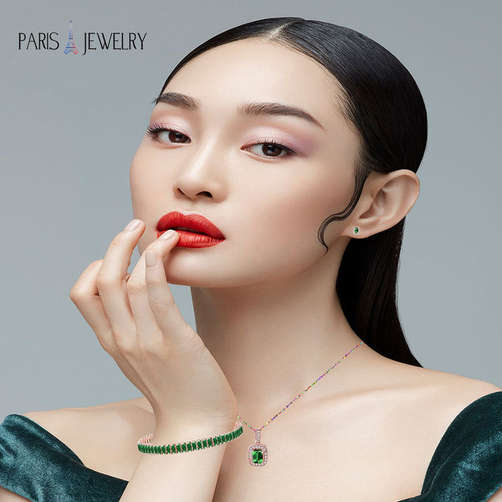 18K Rose Gold Created Emerald Halo Pendant Necklace Earrings Bracelet Set Image 8