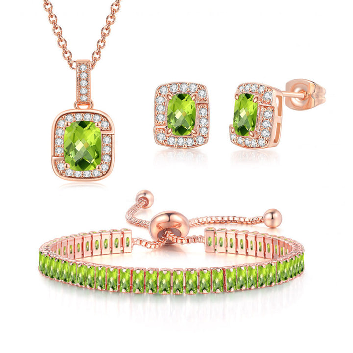 18K Rose Gold Created Peridot Halo Pendant Necklace Earrings Bracelet Jewelry Set Image 1