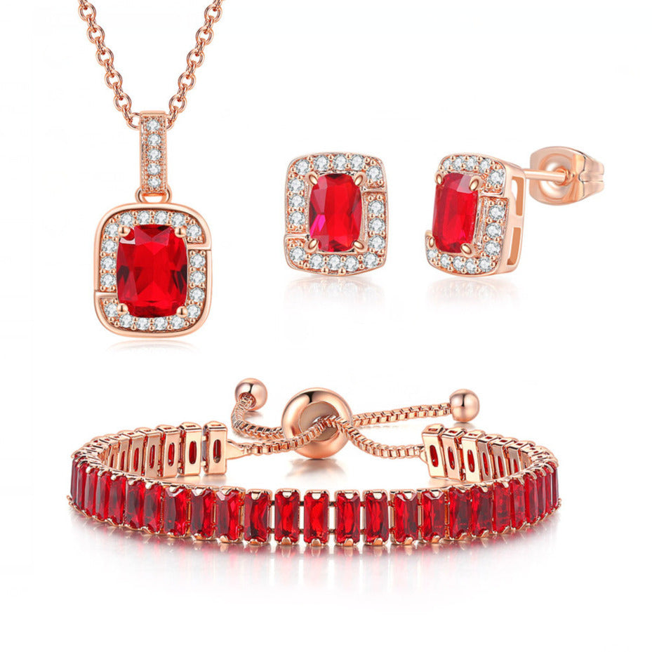 18K Rose Gold Created Ruby Halo Pendant Necklace Earrings Bracelet Jewelry Set Image 1