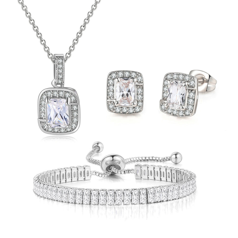 18K White Gold Created White Sapphire Halo Pendant Necklace Earrings Bracelet Set Image 1