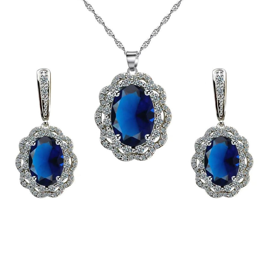 18K White Gold Created Blue Sapphire Halo Earrings Necklace Set Jewelry Gift Image 1