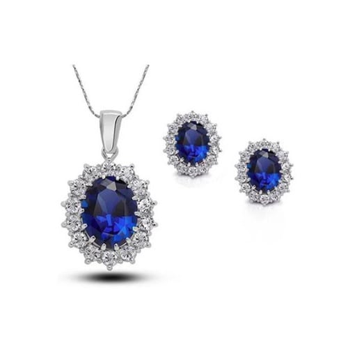 18K White Gold Plated Created Blue Sapphire 6CT Oval Necklace 18 Inch Gift Boxed Image 1