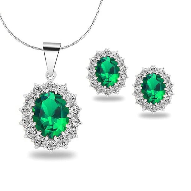 18K White Gold Created Emerald CZ Oval Necklace 2 Carat 18 Inch Gift Boxed Image 1