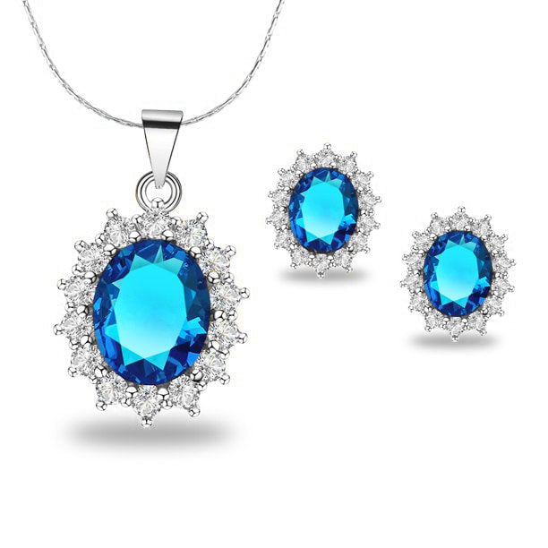 18K White Gold Blue Topaz CZ 2 Carat Oval Necklace 18 Inch Gift Boxed Image 1