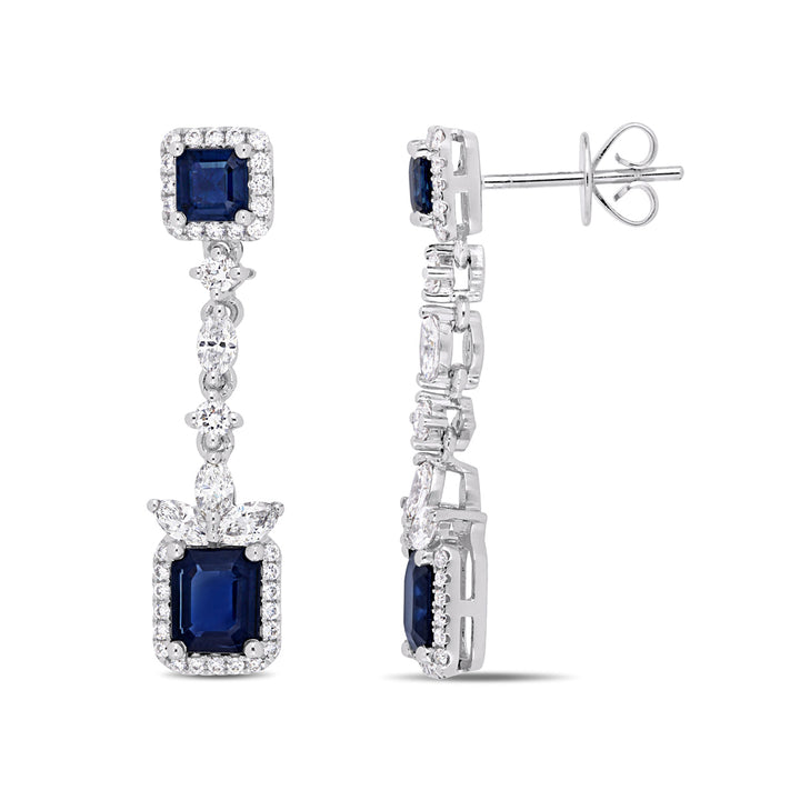 1.00 Carat (ctw SI) Diamond and 2.54 Carat (ctw) Blue Sapphire Dangle Earrings in 14K White Gold Image 1