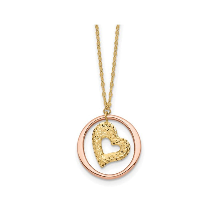 14K Yellow and PInk Gold Circle Heart Charm Pendant Necklace with Chain Image 1