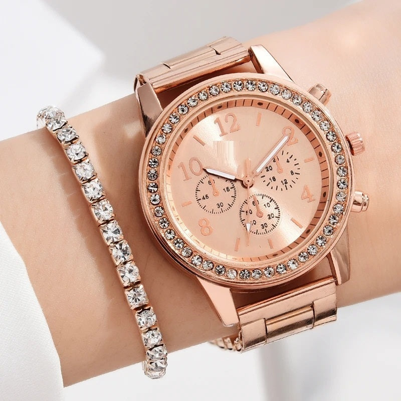 Steel Strap Womens Watch Three Eyes Womens Casual Korean Quartz Watch Set Image 3