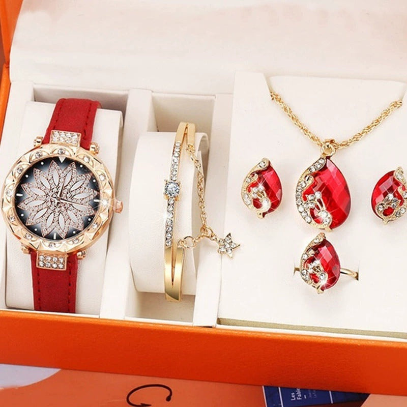 Womens Suit Gift 5-piece Set Watch Bracelet Ring Necklace Earrings Combination Gift Box Image 9