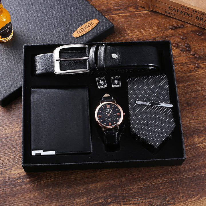 5pcs Set Boutique Gift Belt Wallet Tie Large Dial Quartz Watch Cufflinks Image 1