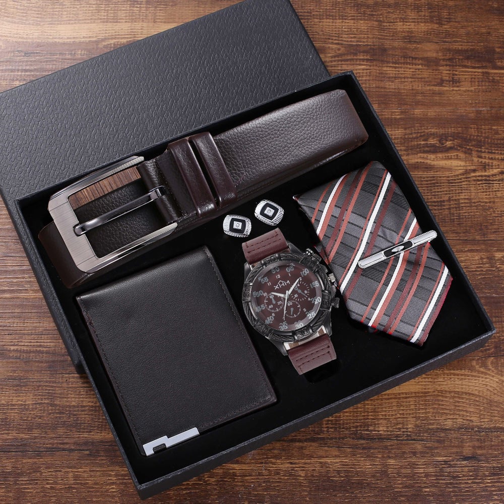 5pcs Set Boutique Gift Belt Wallet Tie Large Dial Quartz Watch Cufflinks Image 1