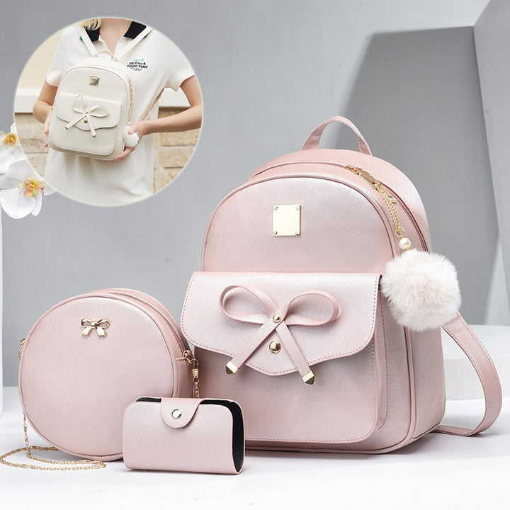 Fashion Womens Bags PU Bow Composite Bag Young Girl Student Cute Shoulders Backpack Crossbody Bags Coin Purse 3pcs Set Image 1