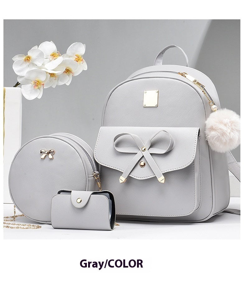 Fashion Womens Bags PU Bow Composite Bag Young Girl Student Cute Shoulders Backpack Crossbody Bags Coin Purse 3pcs Set Image 2