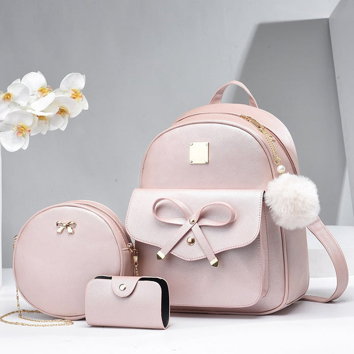 Fashion Womens Bags PU Bow Composite Bag Young Girl Student Cute Shoulders Backpack Crossbody Bags Coin Purse 3pcs Set Image 3