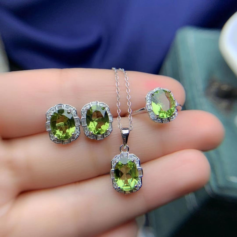 Natural Olivine Set 925 Silver Inlaid Rings Pendants Stud Earrings Three-piece Set Image 1