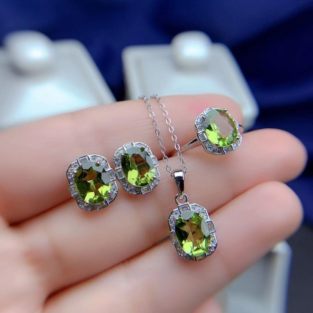 Natural Olivine Set 925 Silver Inlaid Rings Pendants Stud Earrings Three-piece Set Image 3